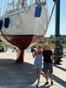 Calidris Alba in the travel hoist ready to be put back in the water