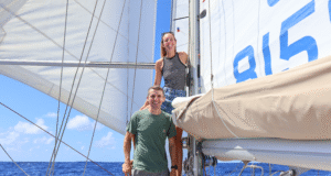 Fran and Jack in front of mainsail