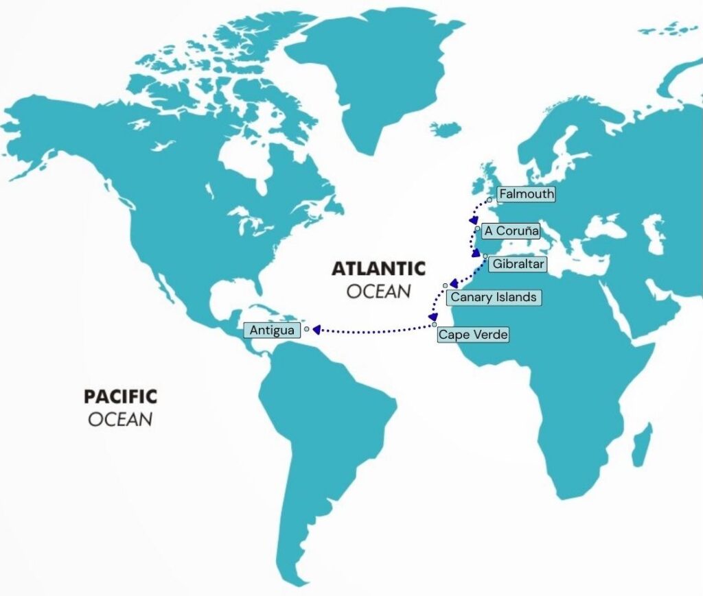 Map of our route from Falmouth the Antigua