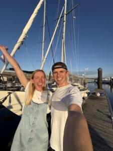 Fran and Jack in front of Calidris Alba in A Coruna