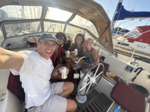 Celebrating with a beer on arrival